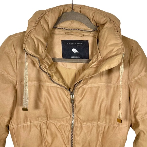 Zara Woman Beige Camel Down Belted Puffer Jacket Coat Size XS - Picture 3 of 17